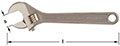 An adjustable-end bronze metal wrench with a grooved thumb wheel for adjusting the jaw width. Image shows wrench length and jaw size opening with measurement lines and a hole at the end of the handle for hanging, tethering or storage.